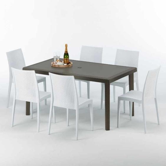 Table rectangulaire en poly rotin avec 6 chaises colorées 150x90 Marron Focus