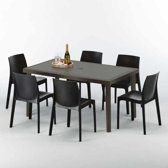Table rectangulaire en poly rotin avec 6 chaises colorées 150x90 Marron Focus