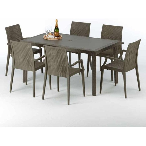 Table rectangulaire en poly rotin avec 6 chaises colorées 150x90 Marron Focus