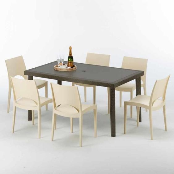 Table rectangulaire en poly rotin avec 6 chaises colorées 150x90 Marron Focus