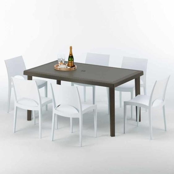 Table rectangulaire en poly rotin avec 6 chaises colorées 150x90 Marron Focus