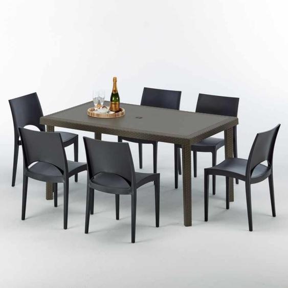 Table rectangulaire en poly rotin avec 6 chaises colorées 150x90 Marron Focus