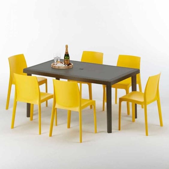 Table rectangulaire en poly rotin avec 6 chaises colorées 150x90 Marron Focus