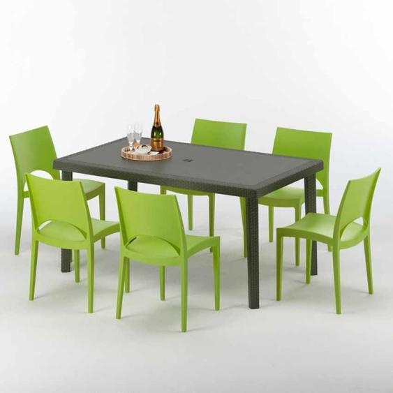 Table rectangulaire en poly rotin avec 6 chaises colorées 150x90 Marron Focus