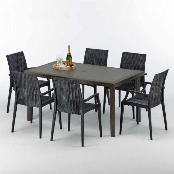 Table rectangulaire en poly rotin avec 6 chaises colorées 150x90 Marron Focus