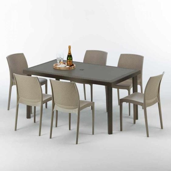 Table rectangulaire en poly rotin avec 6 chaises colorées 150x90 Marron Focus