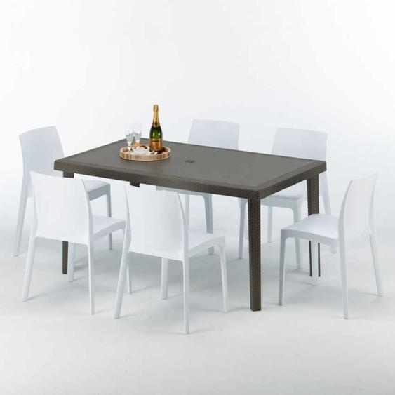 Table rectangulaire en poly rotin avec 6 chaises colorées 150x90 Marron Focus