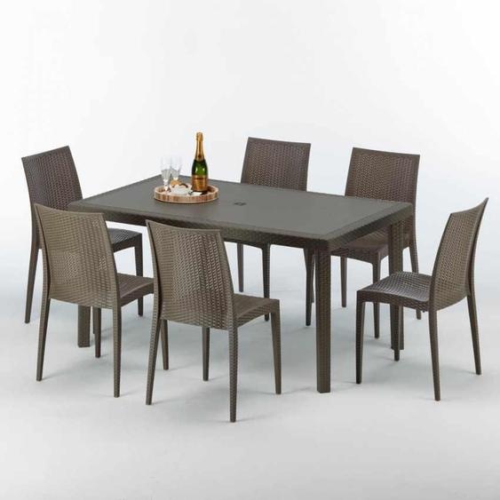 Table rectangulaire en poly rotin avec 6 chaises colorées 150x90 Marron Focus