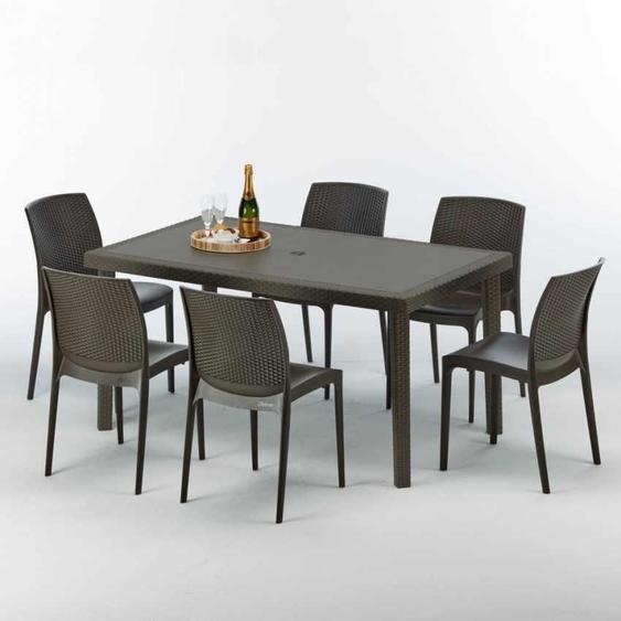 Table rectangulaire en poly rotin avec 6 chaises colorées 150x90 Marron Focus