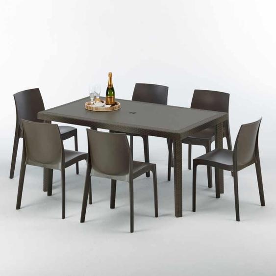 Table rectangulaire en poly rotin avec 6 chaises colorées 150x90 Marron Focus