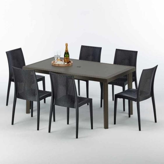 Table rectangulaire en poly rotin avec 6 chaises colorées 150x90 Marron Focus
