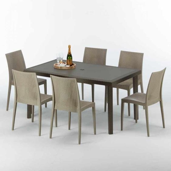 Table rectangulaire en poly rotin avec 6 chaises colorées 150x90 Marron Focus