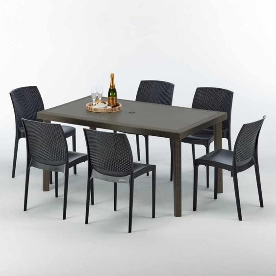 Table rectangulaire en poly rotin avec 6 chaises colorées 150x90 Marron Focus