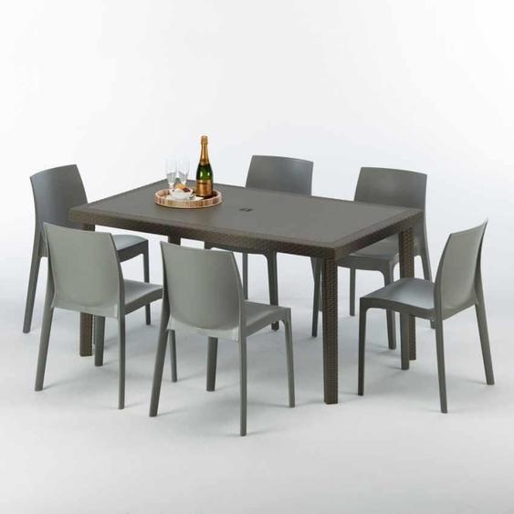 Table rectangulaire en poly rotin avec 6 chaises colorées 150x90 Marron Focus