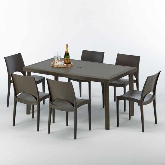 Table rectangulaire en poly rotin avec 6 chaises colorées 150x90 Marron Focus
