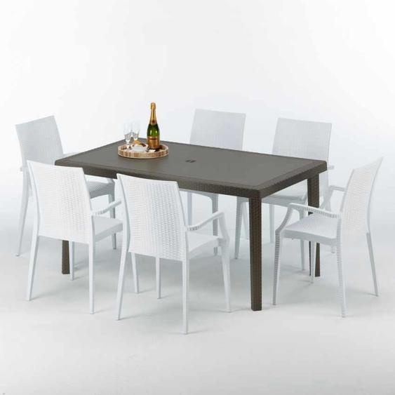 Table rectangulaire en poly rotin avec 6 chaises colorées 150x90 Marron Focus