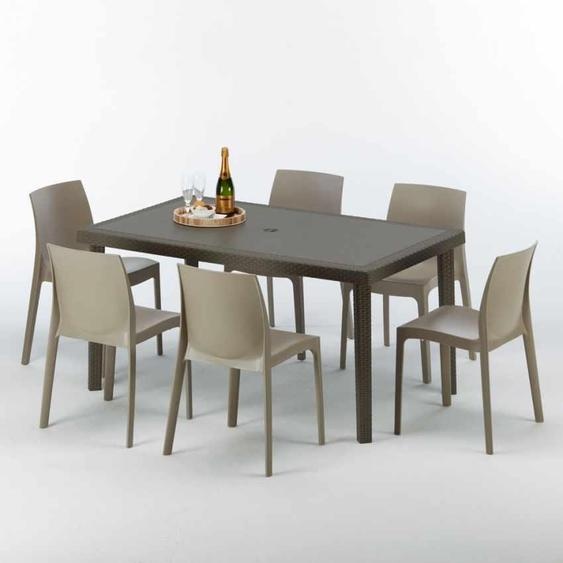 Table rectangulaire en poly rotin avec 6 chaises colorées 150x90 Marron Focus