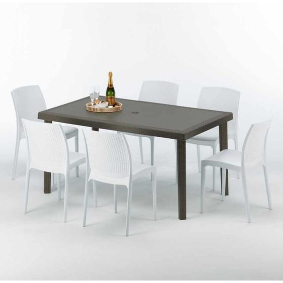 Table rectangulaire en poly rotin avec 6 chaises colorées 150x90 Marron Focus