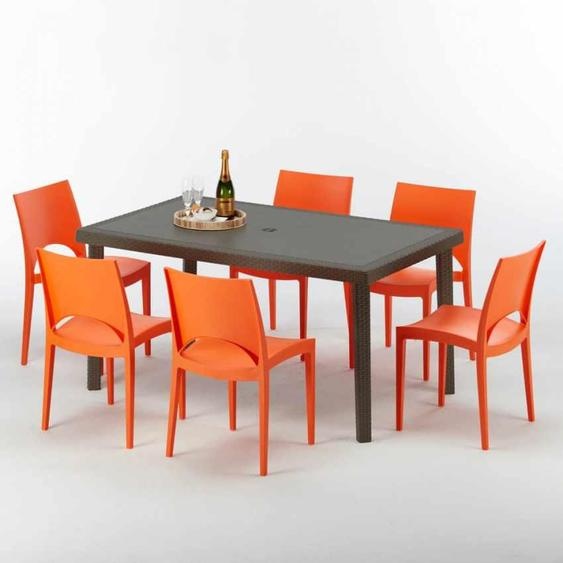 Table rectangulaire en poly rotin avec 6 chaises colorées 150x90 Marron Focus