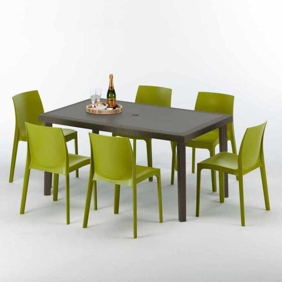 Table rectangulaire en poly rotin avec 6 chaises colorées 150x90 Marron Focus