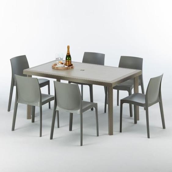 Table rectangulaire et 6 chaises Poly rotin resine ensemble bar cafè exterieur 150x90 Beige Marion, Chaises Modèle: Rome gris