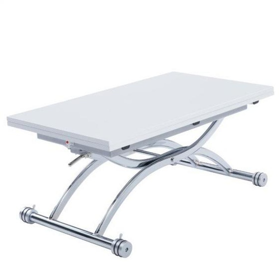 Table relevable extensible HIRONDELLE compacte laquée blanc brillant pied chromé argenté