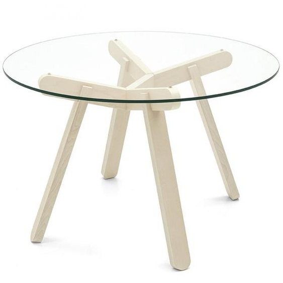 Table repas 5 couverts PEENO 120 cm pieds bois plateau rond verre trempé