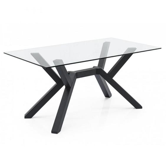 Table repas 6 couverts MIKADO 160 cm base bois noir plateau verre trempé