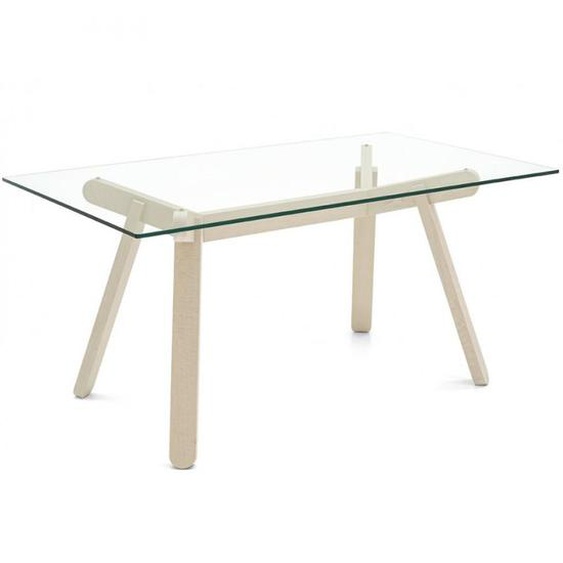 Table repas 6 couverts PEENO 130 cm pieds bois plateau verre trempé