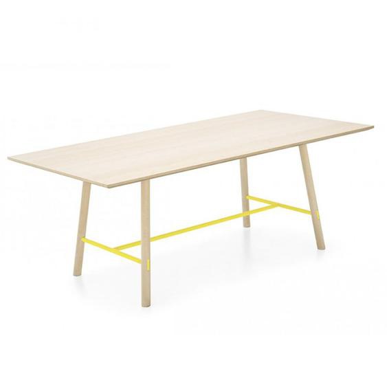Table repas 6 couverts YO! 160 cm pieds et plateau plaqué hêtre croix en métal jaune