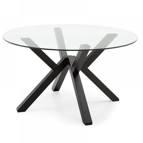 Table repas rond 5 couverts MIKADO base bois noir plateau verre trempé