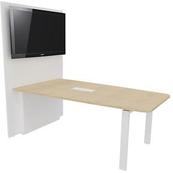 Table réunion Visio avec mur technique L.140 cm x H.72 cm - Plateau Chêne Pieds métal Blanc