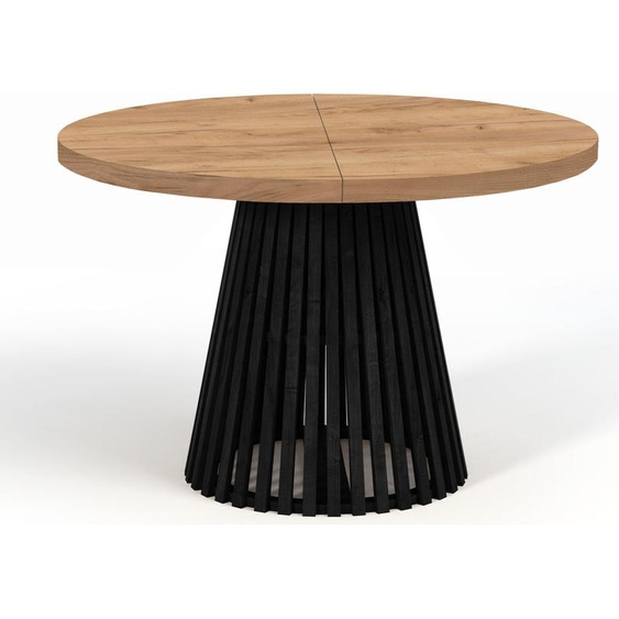 Table ronde à rallonges pour la salle à manger, DOVER - Industrial/Loft Still avec pieds à lamelles, diamètre : 120 / 220 cm, couleur : chêne Craft Golden/noir