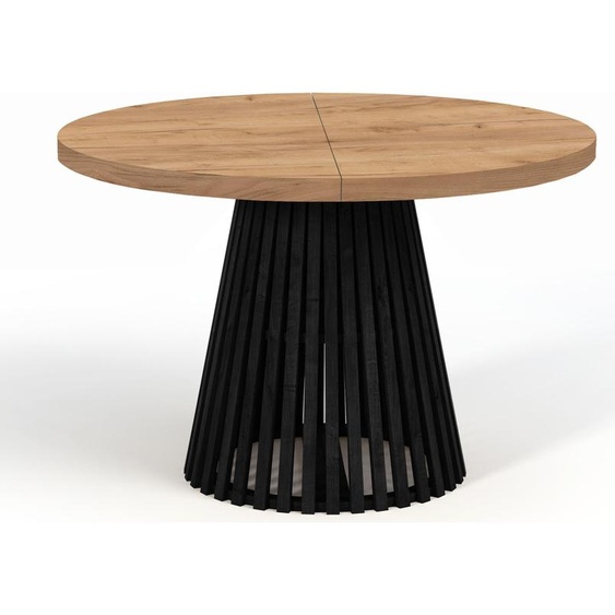 Table ronde à rallonges pour la salle à manger, DOVER - Industrial/Loft Still avec pieds à lamelles, diamètre : 90/190 cm, Couleur : Chêne Craft Golden / Noir
