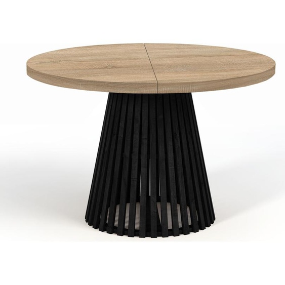 Table ronde à rallonges pour la salle à manger, DOVER - Industrial/Loft Still avec pieds à lamelles, diamètre : 90 / 190 cm, Couleur : Chêne Sonoma / Noir