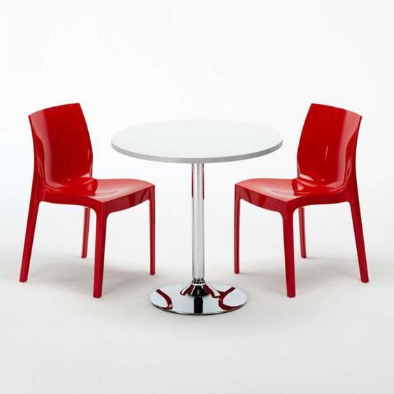 Table Ronde Blanche 70x70cm Avec 2 Chaises Colorées Grand Soleil Set Intérieur Bar Café Ice LONG Island, Couleur: Rouge
