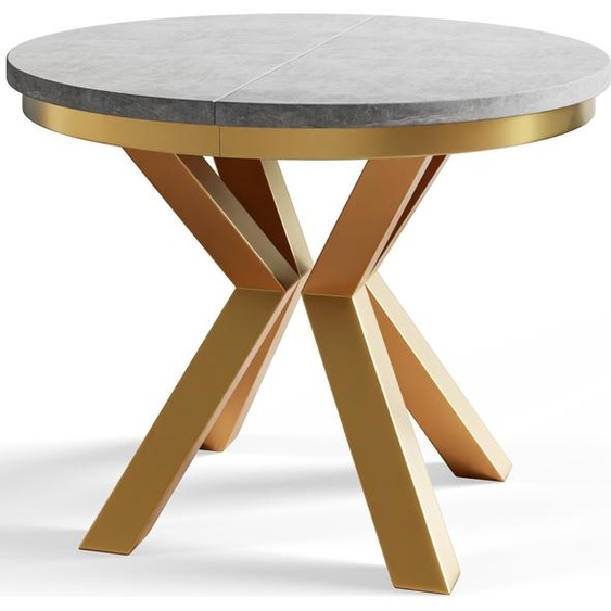 Table ronde de salle à manger LOFT, table extensible diamètre : 120 cm/200 cm, table de salon couleur : gris, avec pieds métalliques couleur or