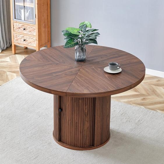 Table ronde denviron 115 cm avec espace de rangement, table de cuisine pour 4 à 6 personnes, table sur colonne, aspect bois, motif chevrons, style scandinave, moderne. Table de salle à manger avec meuble de rangement, en MDF