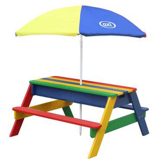 Table sable et eau avec parasol arc en ciel