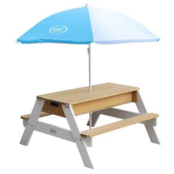 Table sable et eau brun blanc avec parasol