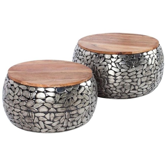 Lot de 2 tables basses GALEA en bois massif de manguier et aluminium argenté – Motif galets décoratif