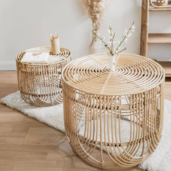 Tables Basses Rotin Et Métal /set De 2 Tables Basses - Java Rotin Blanchi