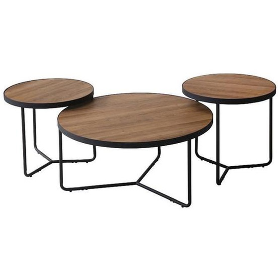 Tables dappoint - AC-DÉCO - Lot de 3 tables rondes - Bois MDF imitation noyer - Métal - Noir