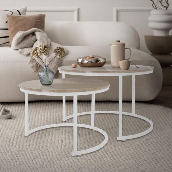 Tables dAppoint Gigognes ML-Design - Chêne Sonoma/Métal Blanc - Ø 59x40 cm/Ø74x48 cm