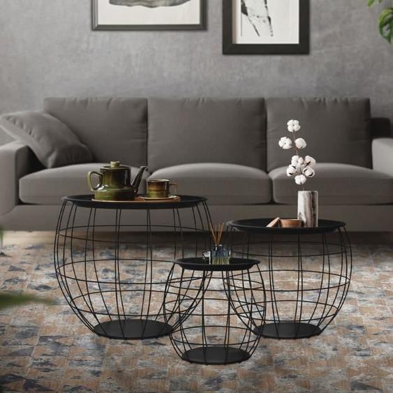 Table dappoint - ML-DESIGN - Lot de 3 - Ronde - Métal Noir - Design Contemporain