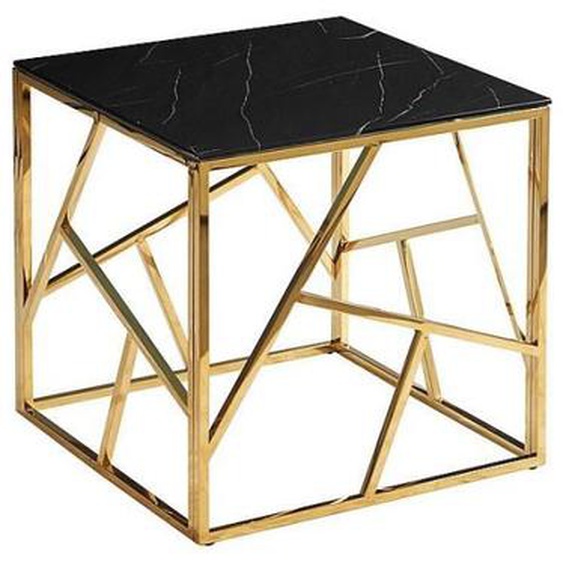 Table dappoint - AC-DÉCO - Carré - Plateau en verre effet marbre - Structure en inox - Noir et doré