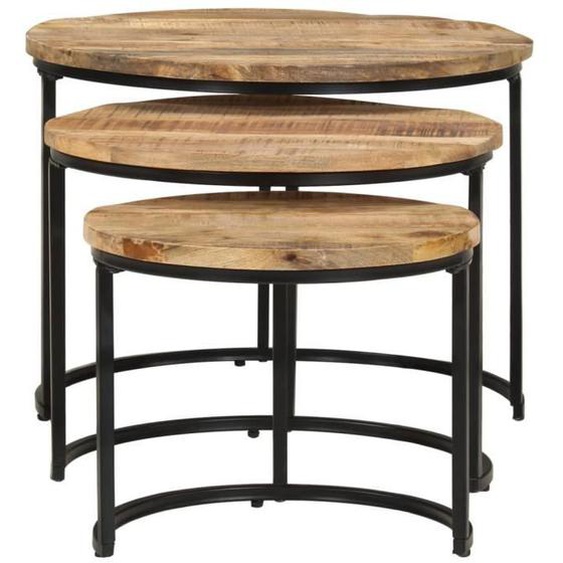 Tables gigognes - MOTHINESSTO - 3 pcs - Bois de manguier brut - Finition naturelle - Fer enduit de poudre