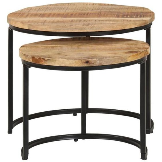 Tables gigognes - MOTHINESSTO - 2 pcs - Bois de manguier brut - Finition naturelle - Fer enduit de poudre