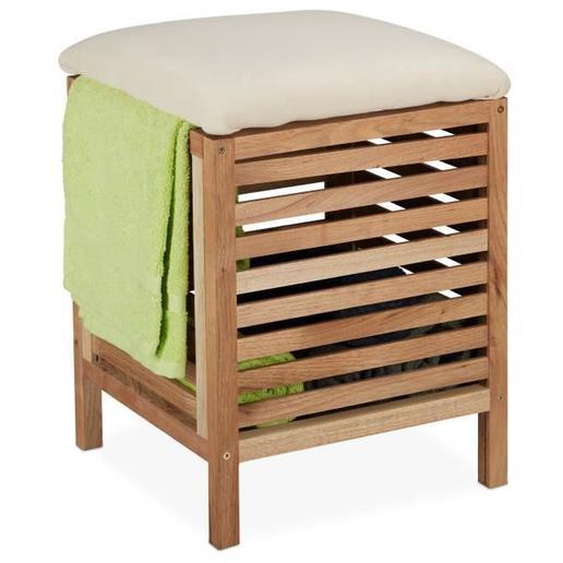 Relaxdays Tabouret avec rangement, panier, noyer, tissu, corbeille à linge 35 l, HLP : 51 x 39 x 39 cm, nature