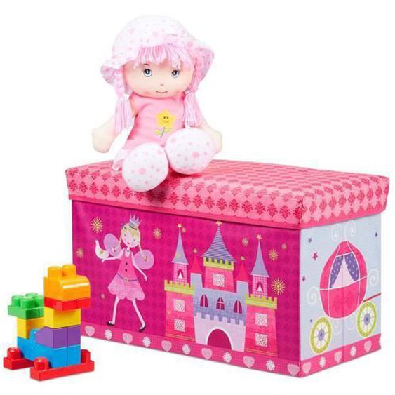 Relaxdays Tabouret Coffre à jouets boîte à jouets couvercle pouf enfant pliable princesse rangement fille 50L, rose